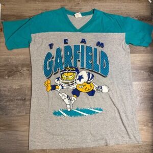 Vintage Team Garfield Football Graphic T-Shirt Gray Teal V-Neck 90s Paws Large